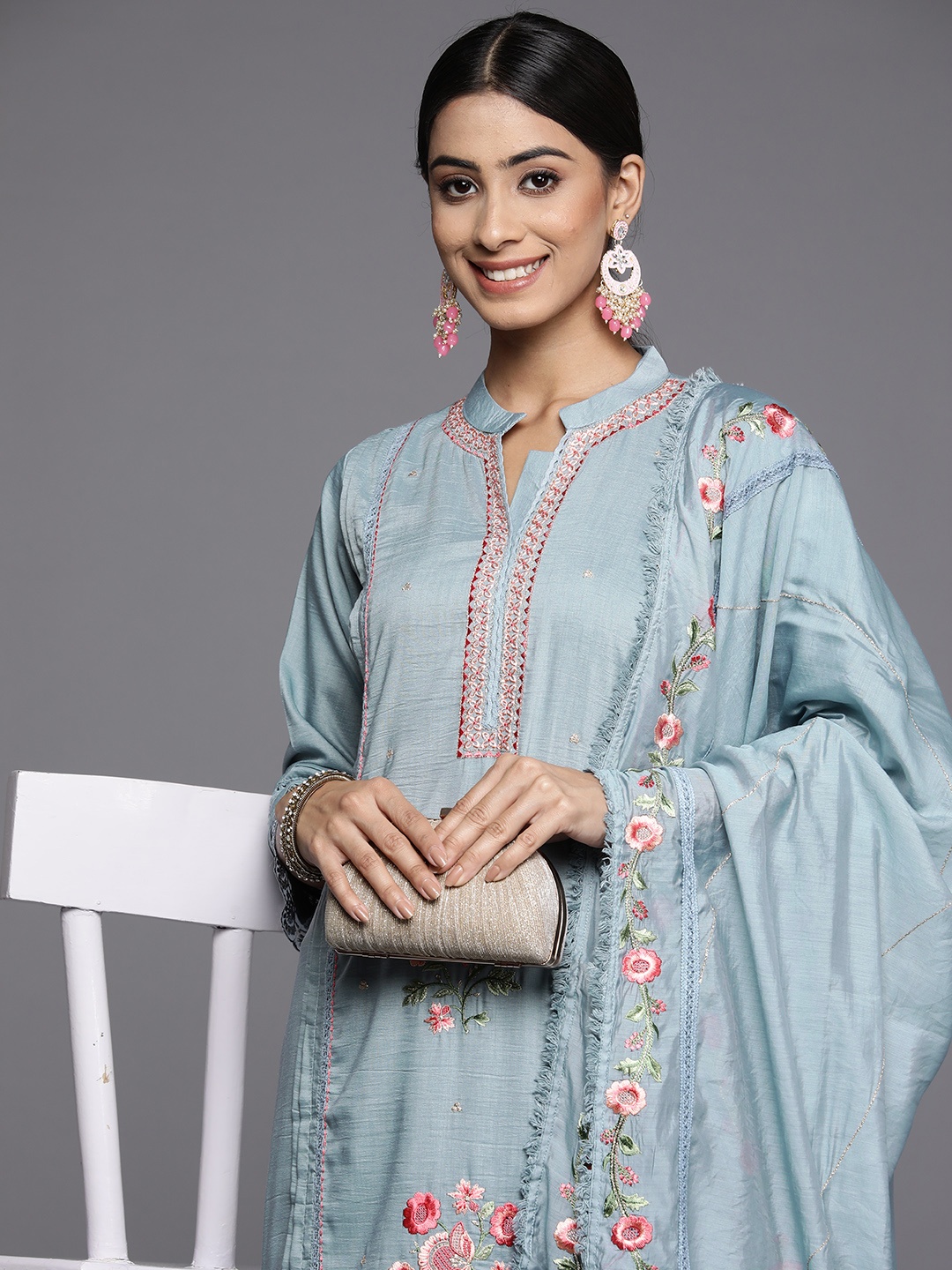 

Indo Era Women Blue Floral Embroidered Kurta with Trousers & Dupatta