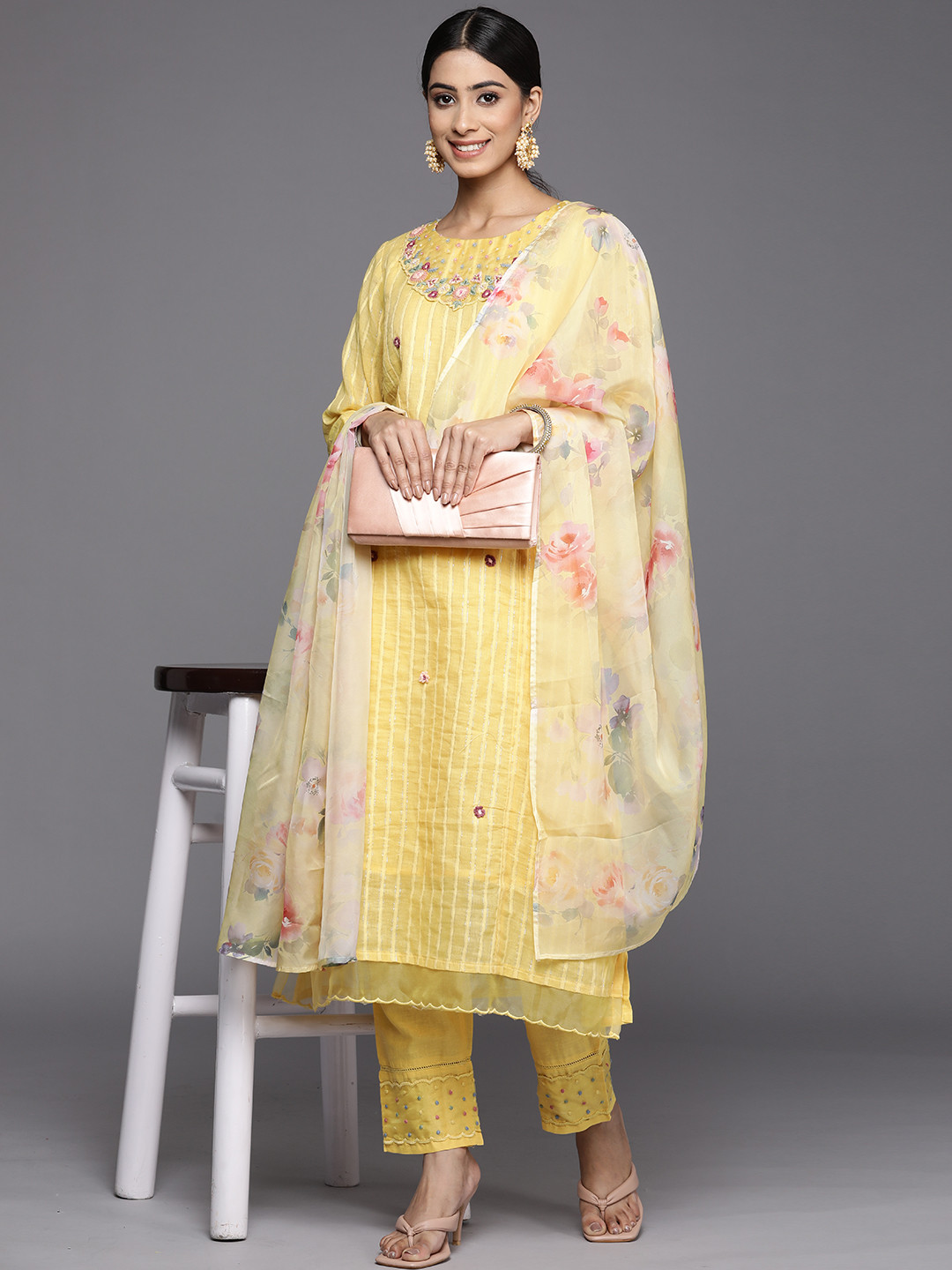 

Indo Era Women Yellow Floral Embroidered Thread Work Kurta with Trousers & Dupatta