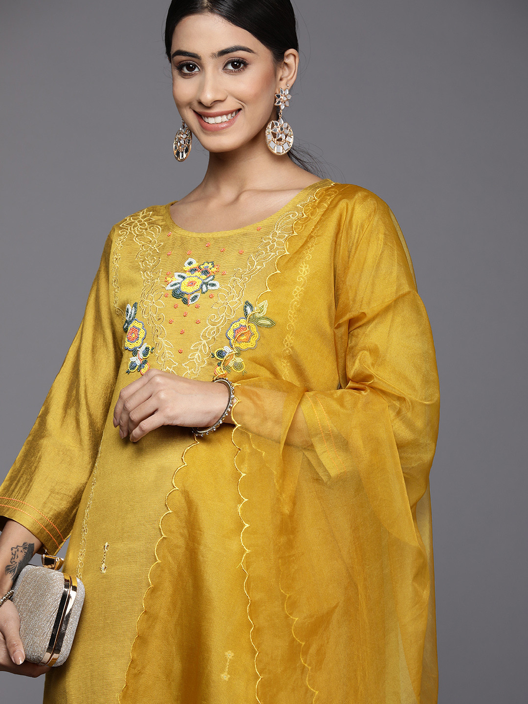 

Indo Era Women Mustard Yellow Floral Embroidered Kurta with Trousers & Dupatta