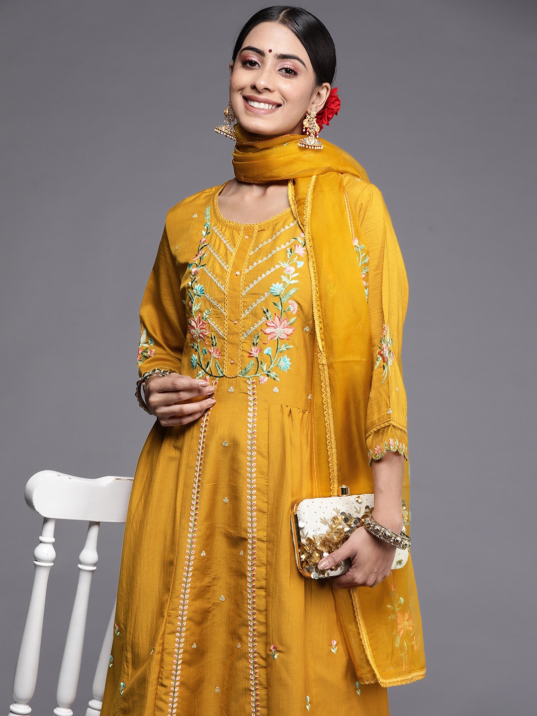 

Indo Era Women Mustard Yellow Ethnic Motifs Embroidered Panelled Kurta Trousers & Dupatta
