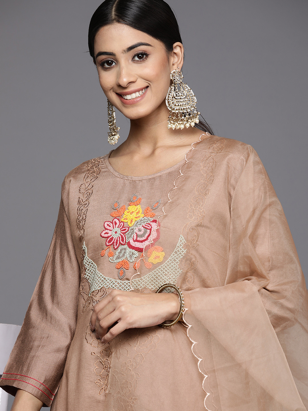 

Indo Era Women Brown Beaded & Embroidered Kurta with Trousers & Dupatta