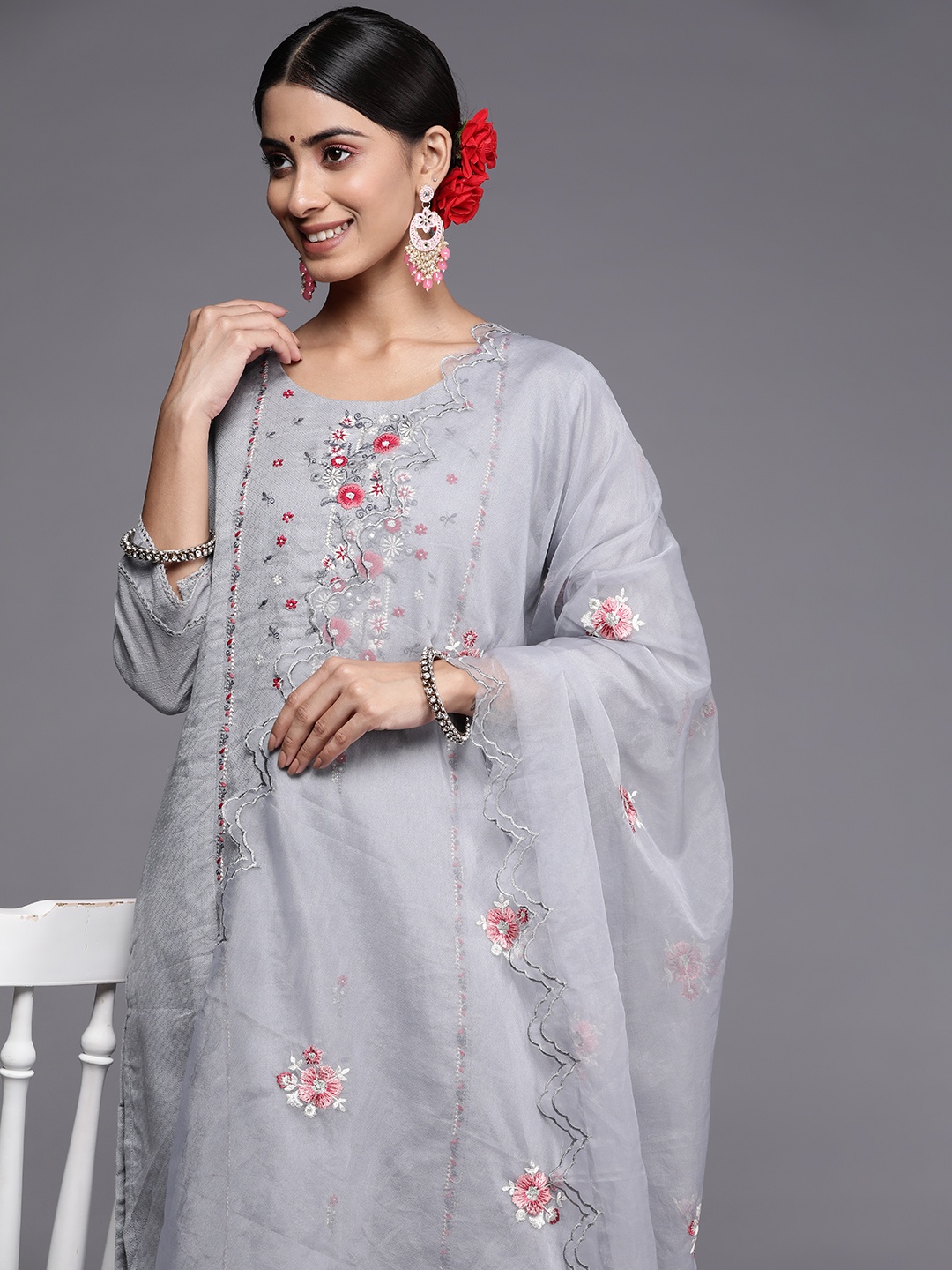 

Indo Era Women Grey Embroidered Panelled Mirror Work Kurta with Trousers & Dupatta