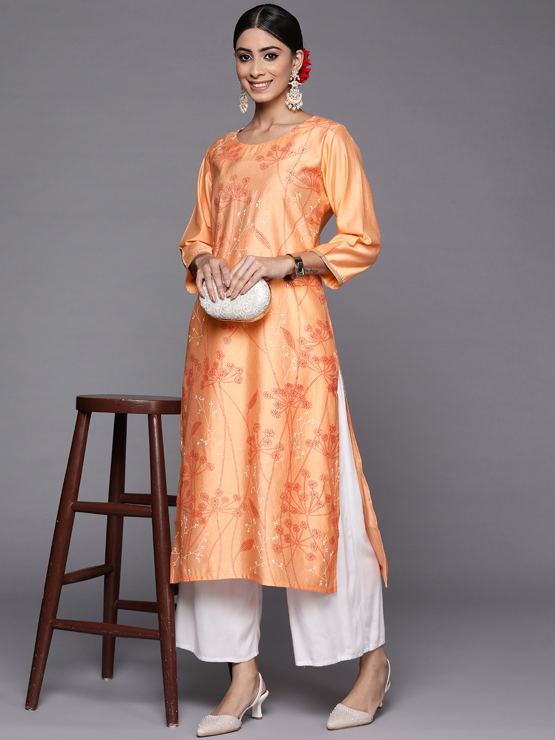 

Indo Era Women Peach-Coloured Floral Printed Floral Liva Kurta
