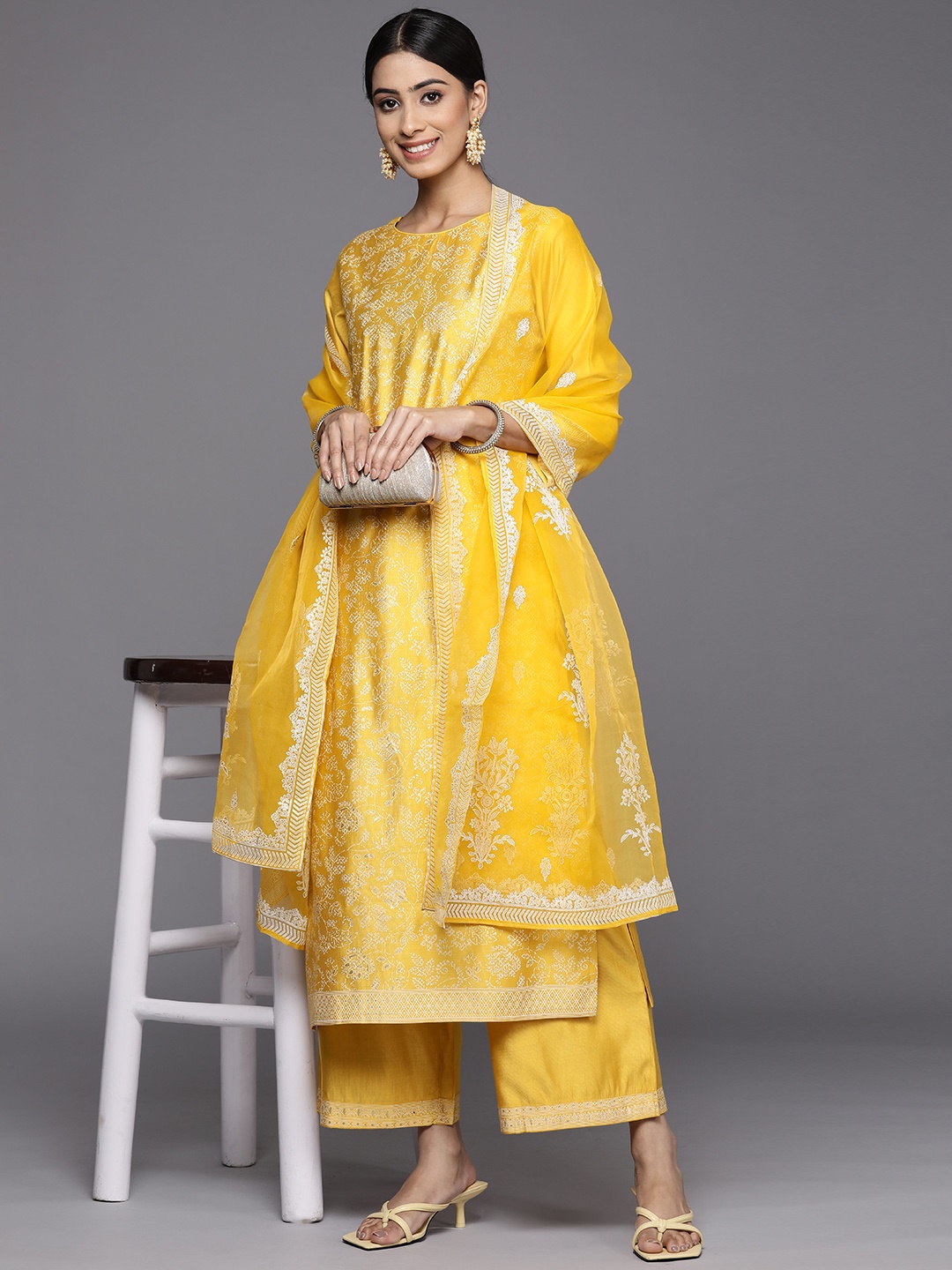 

Indo Era Women Yellow Floral Print Liva Kurta with Palazzos & Dupatta