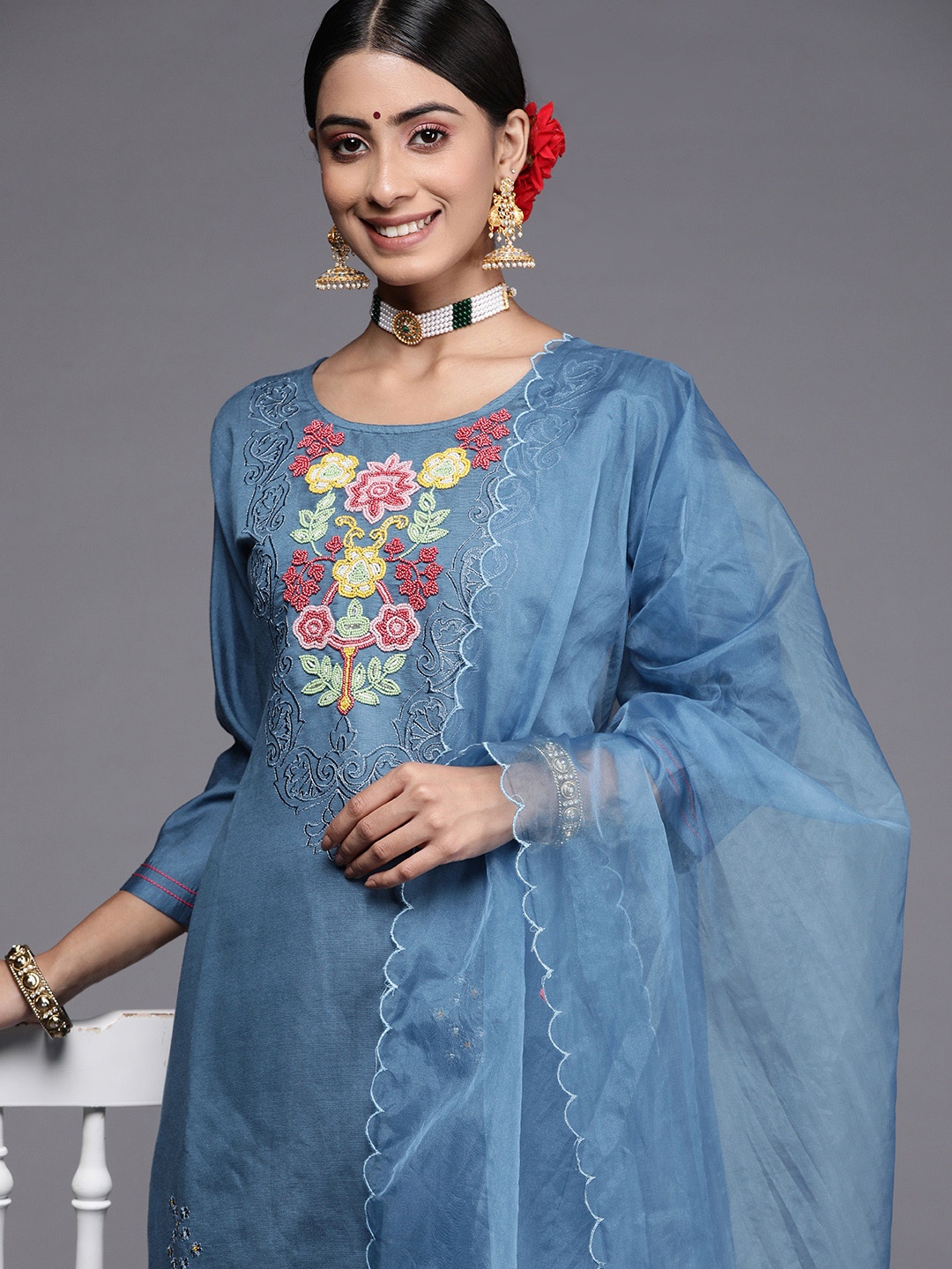 

Indo Era Women Blue Floral Yoke Design Beads Kurta with Trousers & Dupatta