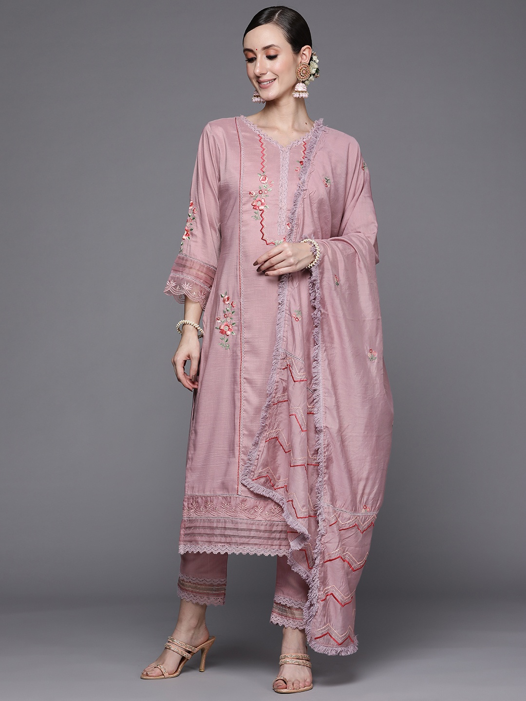 

Indo Era Women Mauve Floral Embroidered Panelled Kurta with Trousers & Dupatta