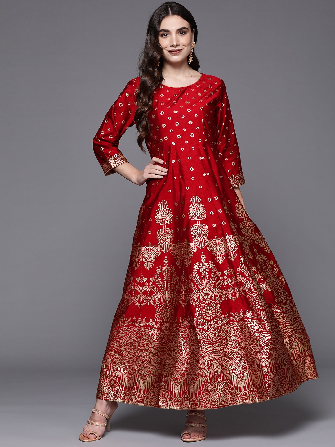 

Indo Era Red & Gold-Toned Ethnic Motifs Liva Ethnic A-Line Maxi Dress