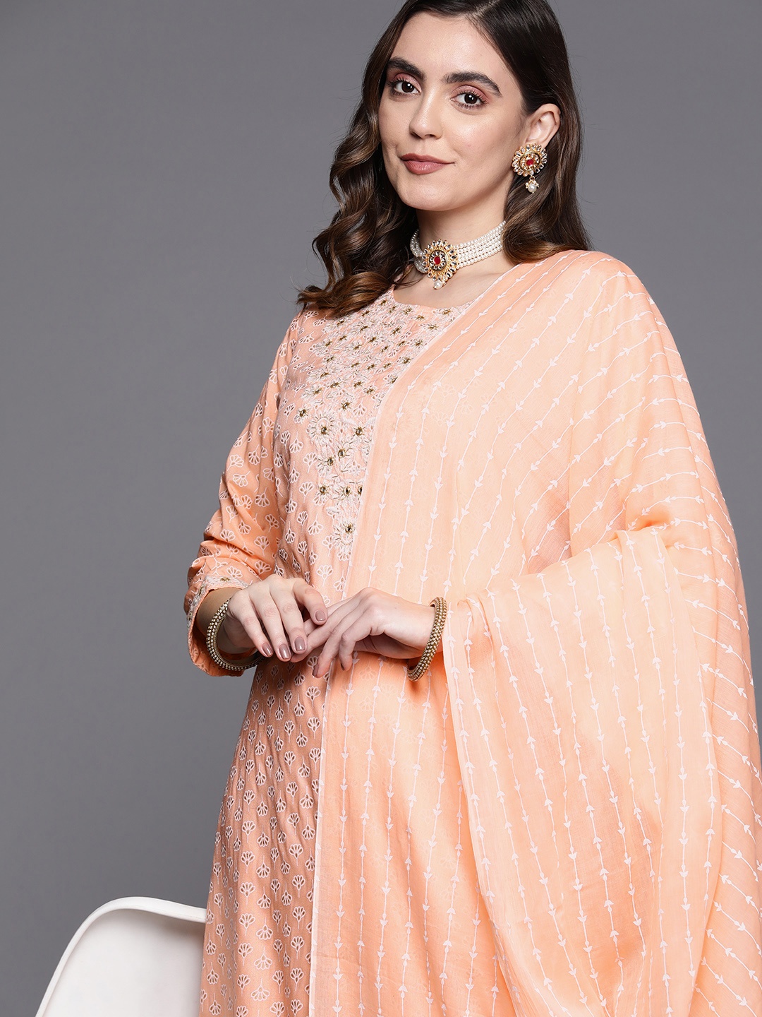 Indo Era Women Peach-Coloured Embroidered Mirror Work Kurta with Trousers & Dupatta