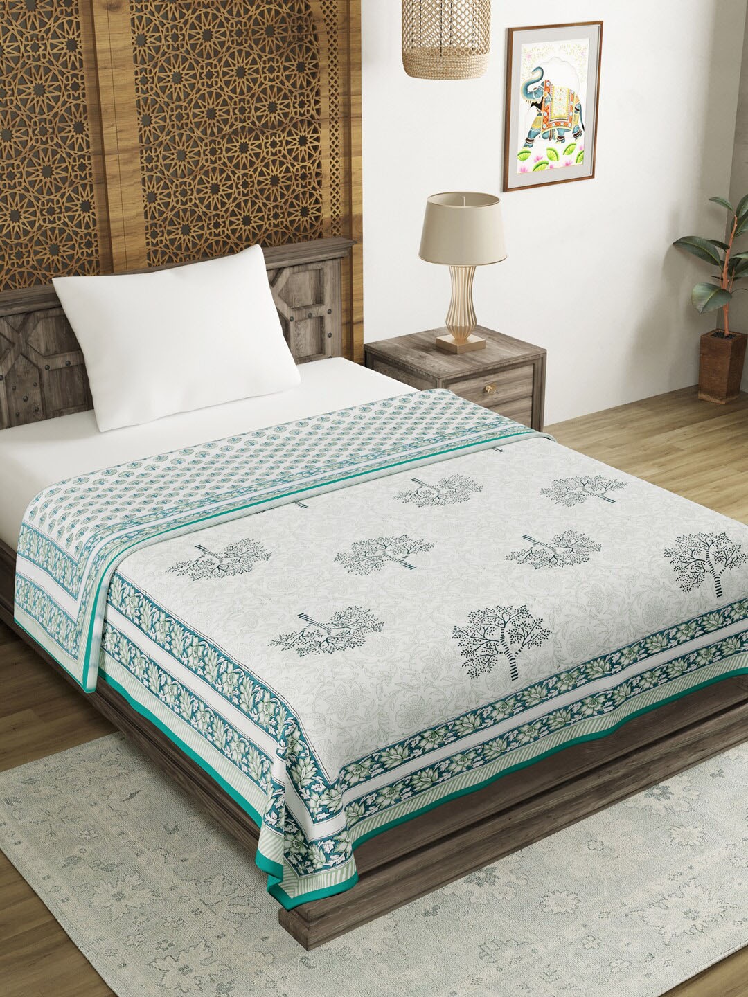 

BLOCKS OF INDIA Green & White Ethnic Motifs AC Room 150 GSM Single Bed Dohar