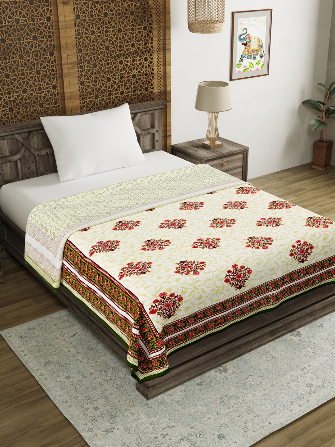 

BLOCKS OF INDIA Cream-Coloured & Pink Ethnic Motifs AC Room 150 GSM Single Bed Dohar