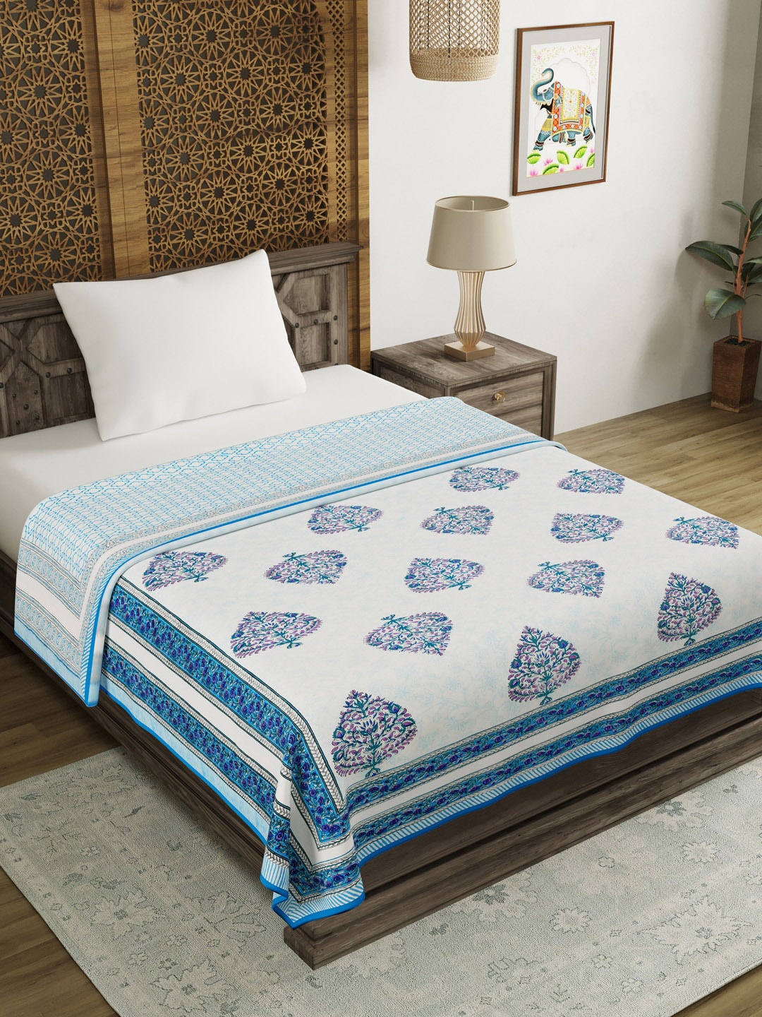 

BLOCKS OF INDIA Blue & Green Ethnic Motifs AC Room 150 GSM Cotton Single Bed Dohar