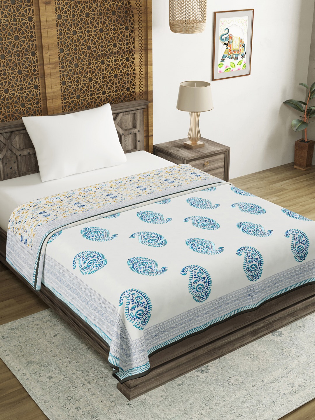 

BLOCKS OF INDIA White & Blue Ethnic Motifs AC Room 150 GSM Single Bed Dohar