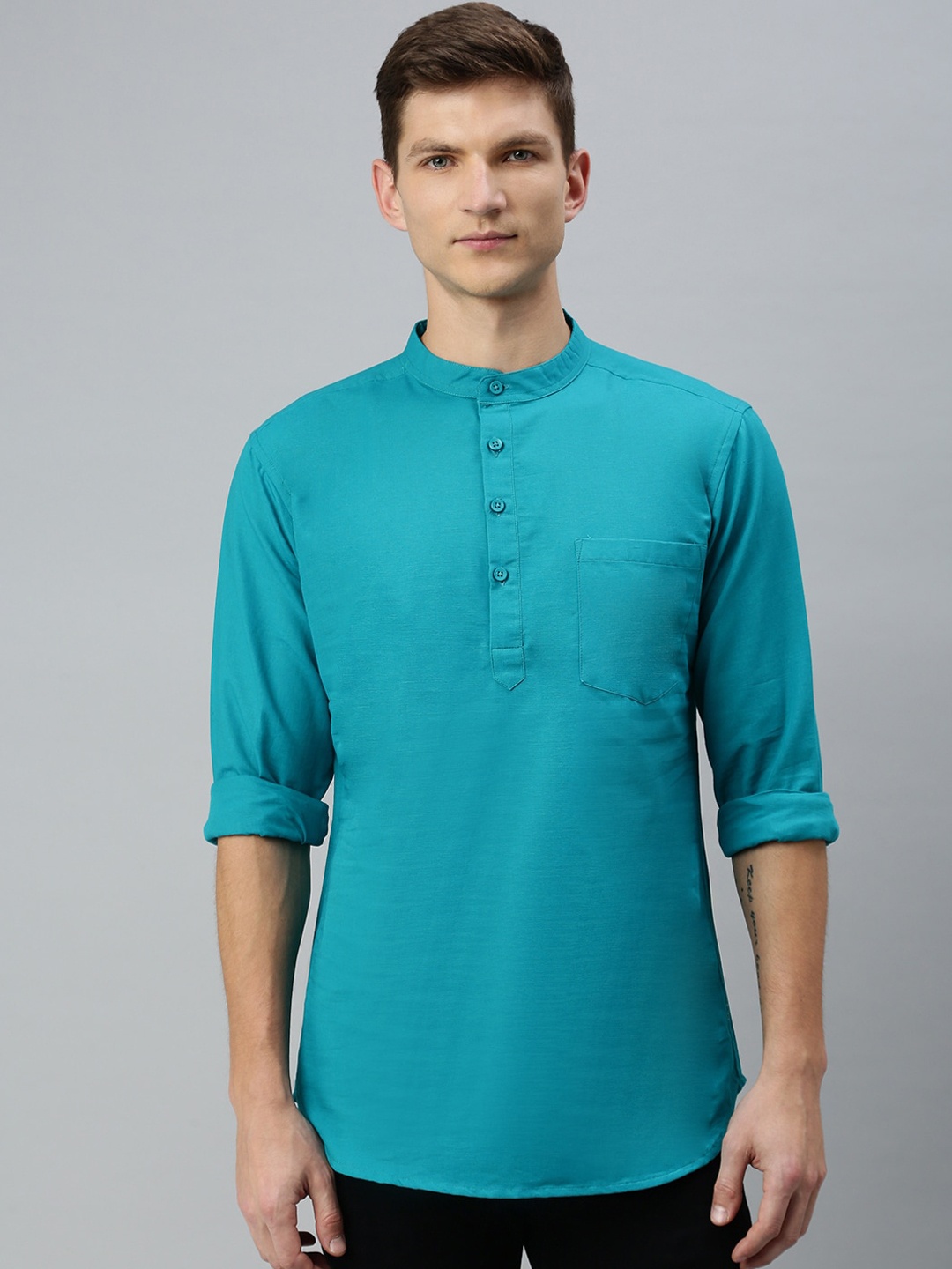 

Kryptic Men Teal solid 100% Cotton short Kurta