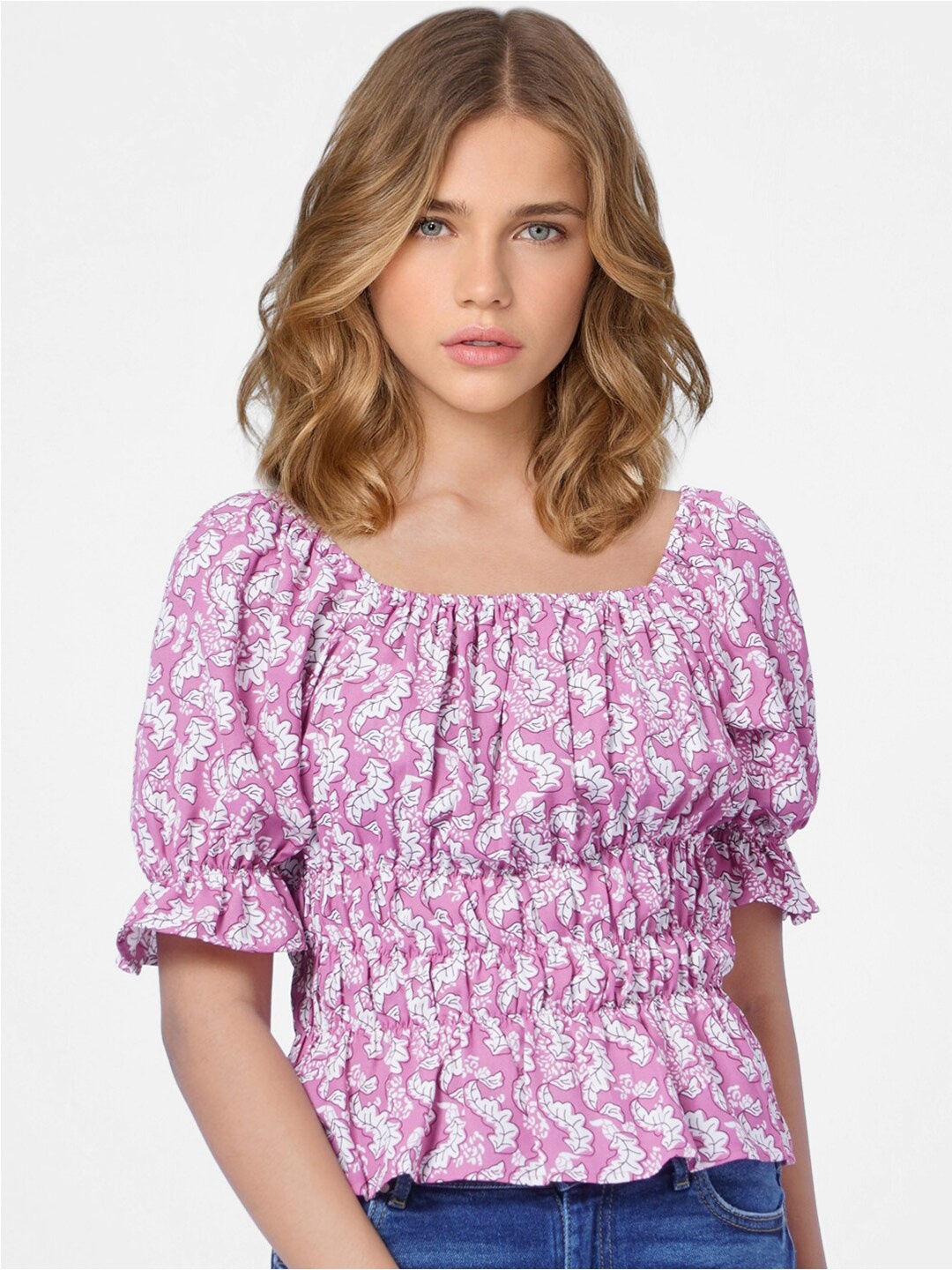 

ONLY Purple Floral Print Cinched Waist Top