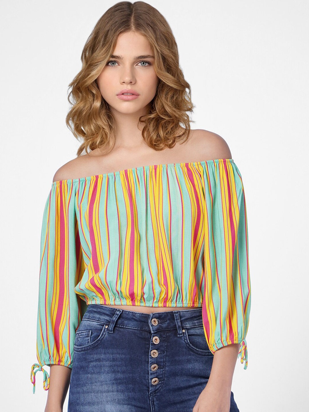 

ONLY Women Green Striped Off-Shoulder Bardot Top