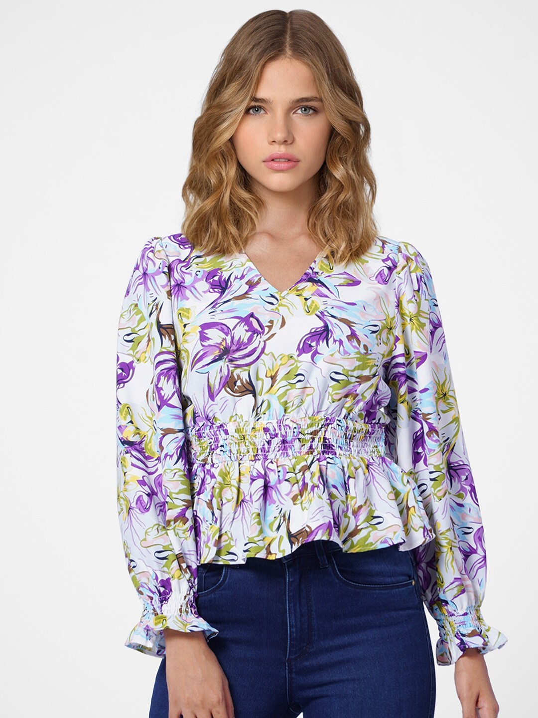 

ONLY Women White Floral Print Peplum Top