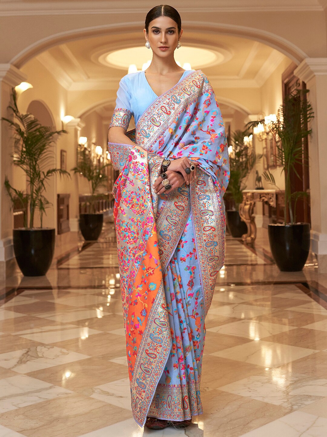 

Mitera Blue Ethnic Motifs Silk Blend Paithani Saree