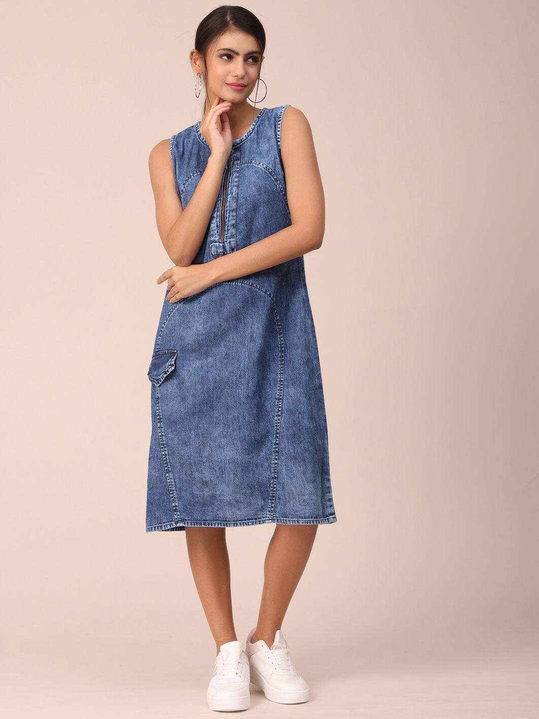 

NAYRA Women Blue Denim A-Line Midi Dress