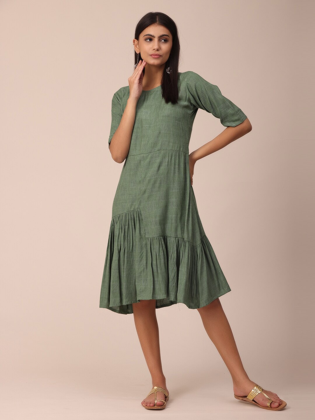 

NAYRA Olive Green Layered Midi Dress