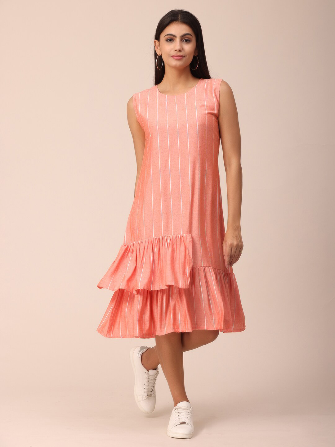 

NAYRA Peach-Coloured Striped Layered Drop-Waist Midi Dress