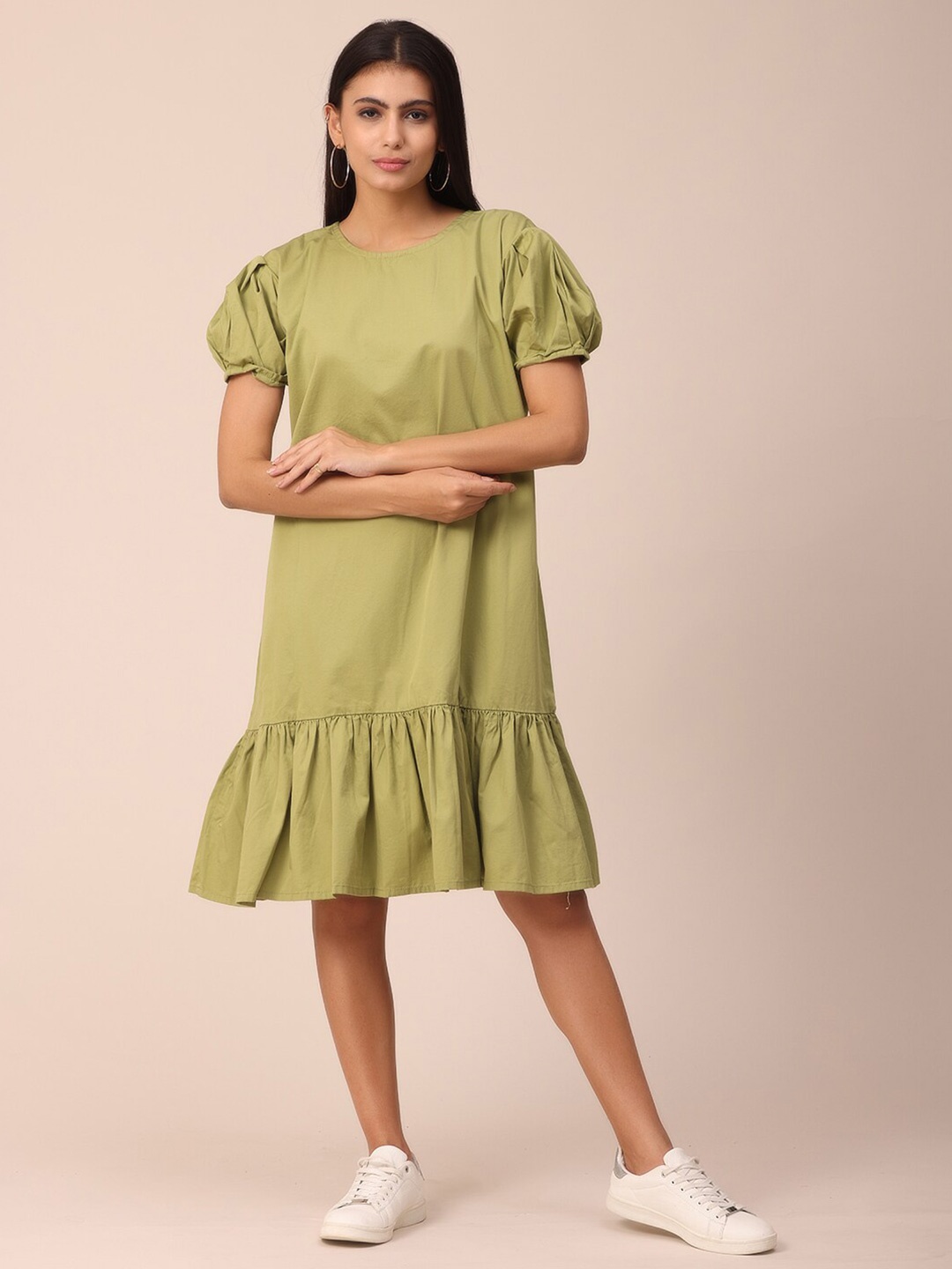 

NAYRA Women Green Puff Sleeves A-Line Dress