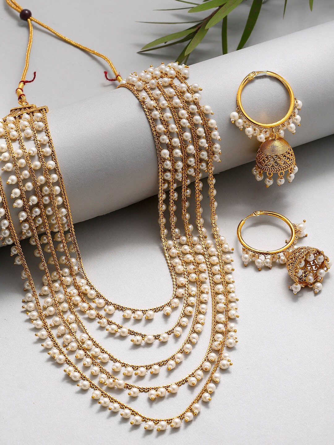 

ZENEME Gold-Plated White Stone-Studded & Beaded 5 Layered Jewellery Set