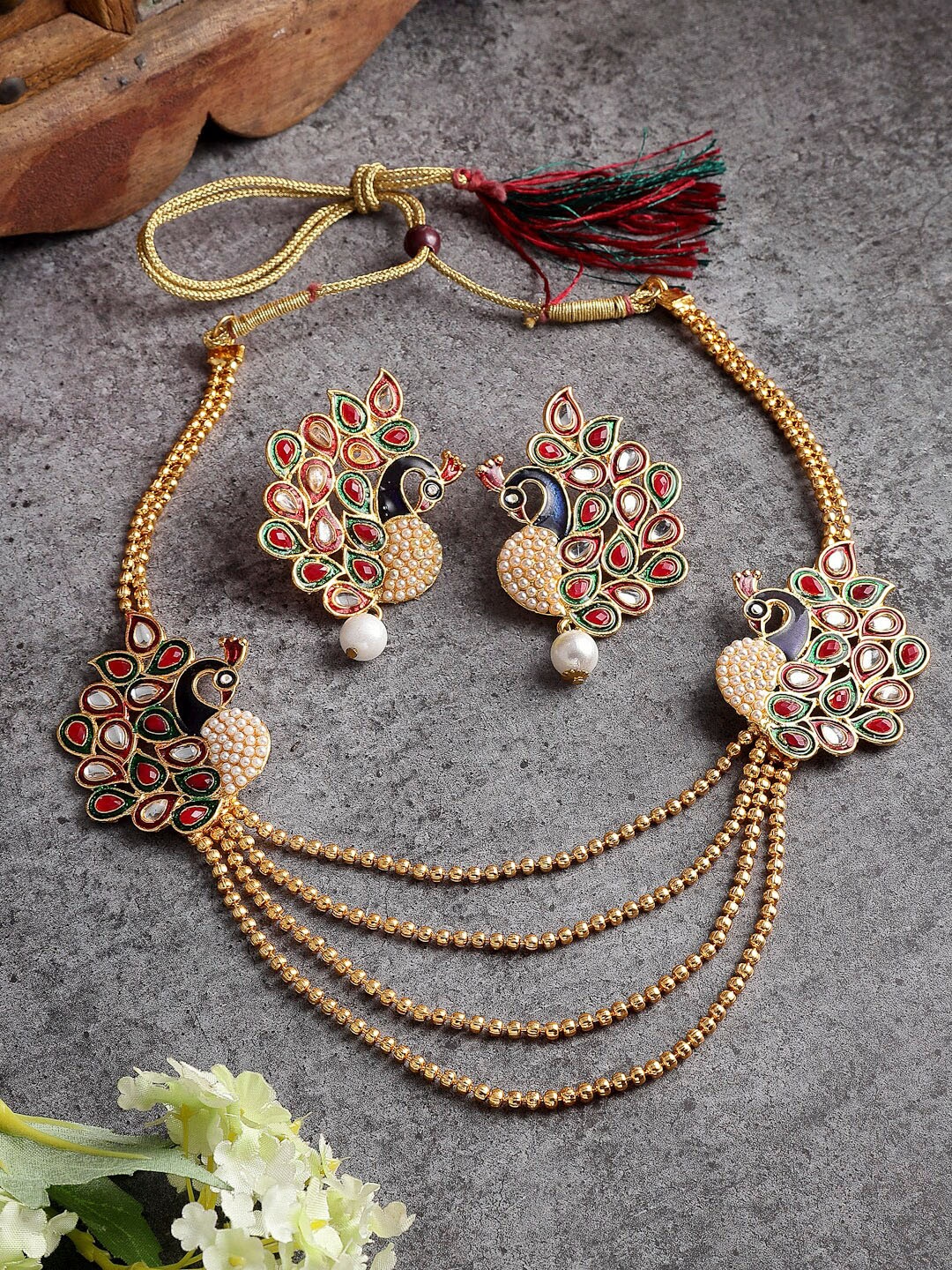 

ZENEME Gold-Plated & Red Meenakari Design Peacock Jewellery Set