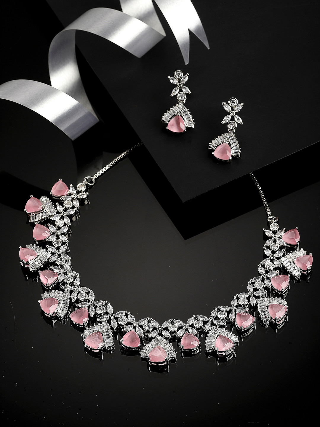 

ZENEME Women Rhodium-Plated White & Pink AD Stone Studded Jewellery Set, Silver