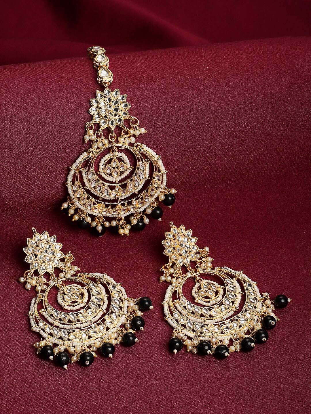 

ZENEME Gold-Plated & Black Beaded Jewellery Set