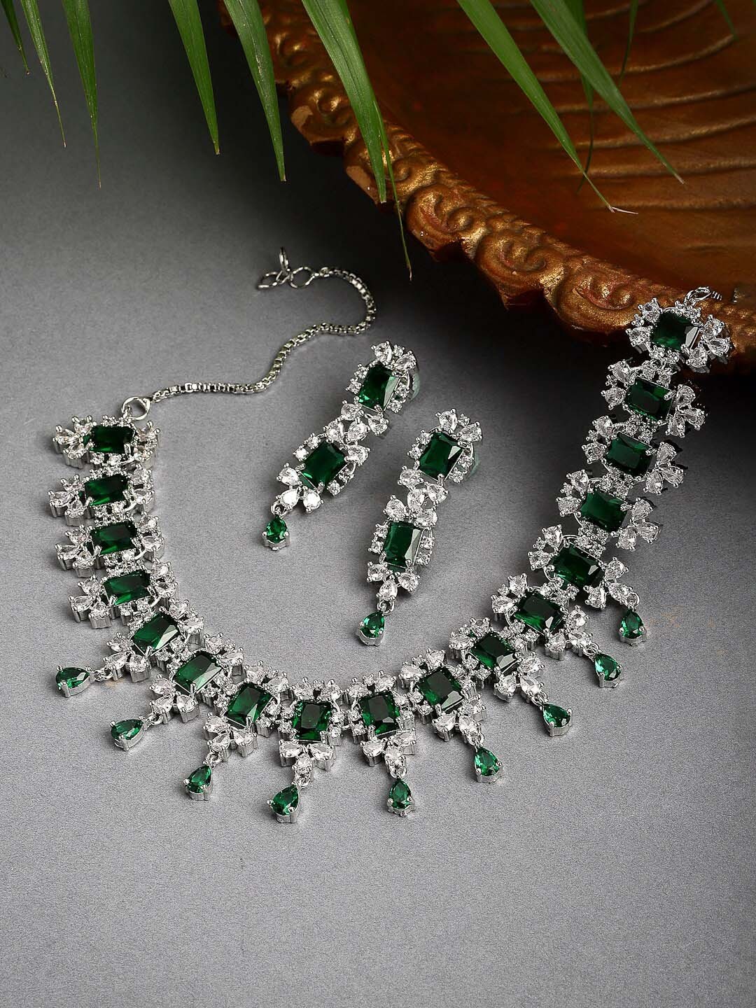 

ZENEME Rhodium-Plated Green AD Stone-Studded Jewellery Set