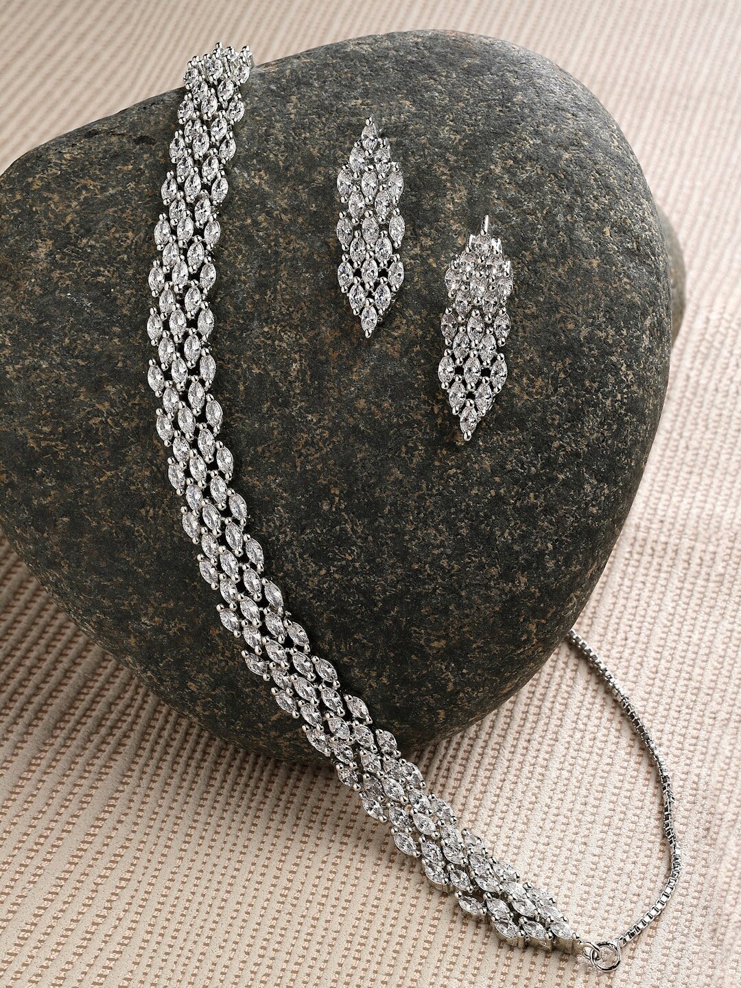 

ZENEME Rhodium-Plated White AD Studded Jewellery Set