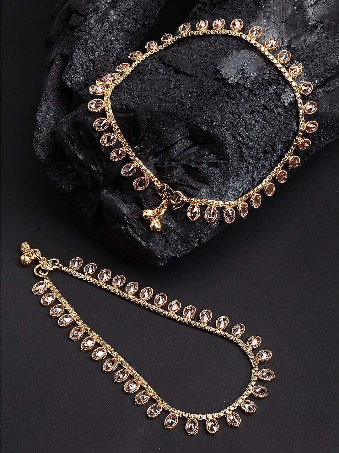 

ZENEME Women Gold-Plated Peach Stone-Studded Anklets