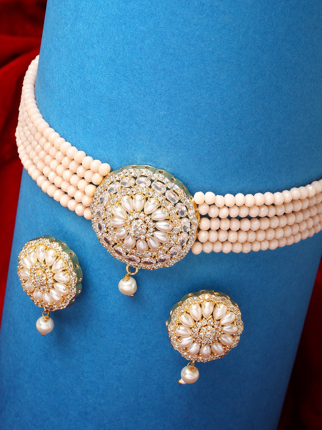 

ZENEME Gold-Plated & Peach Coloured Stone Studded & Beaded Jewellery Set