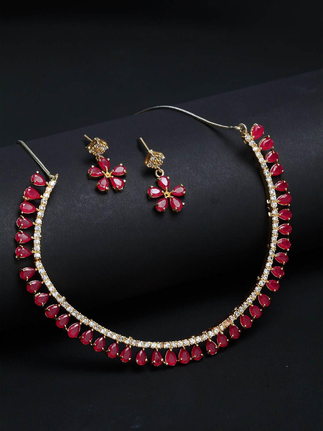 

ZENEME Gold-Plated Red CZ Studded Jewellery Set