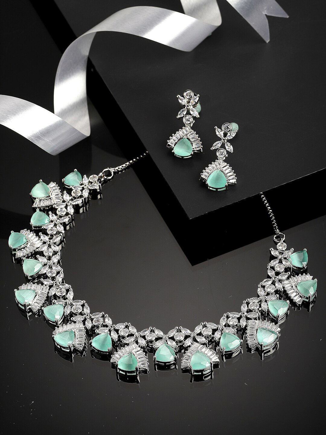 

ZENEME Women Rhodium-Plated Silver Toned Sea Green AD Studded Jewellery Set