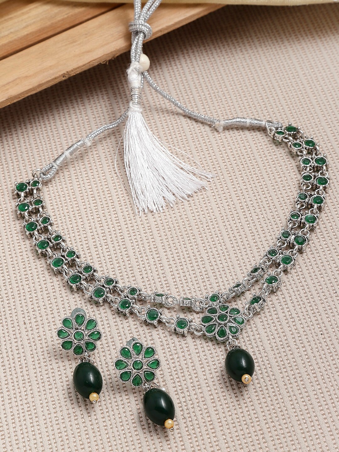 

ZENEME Oxidised Silver-Plated Green AD Studded & Pearl Jewellery Set