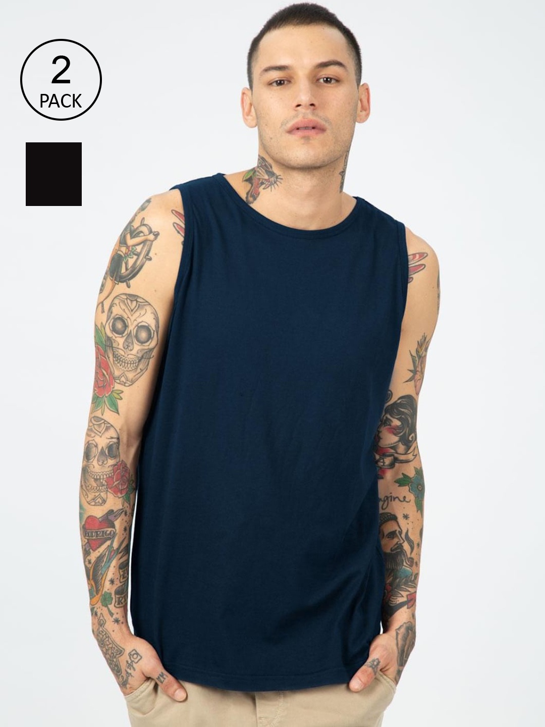 

Bewakoof Men Pack Of 2 Black & Blue Solid Cotton Innerwear Vests-