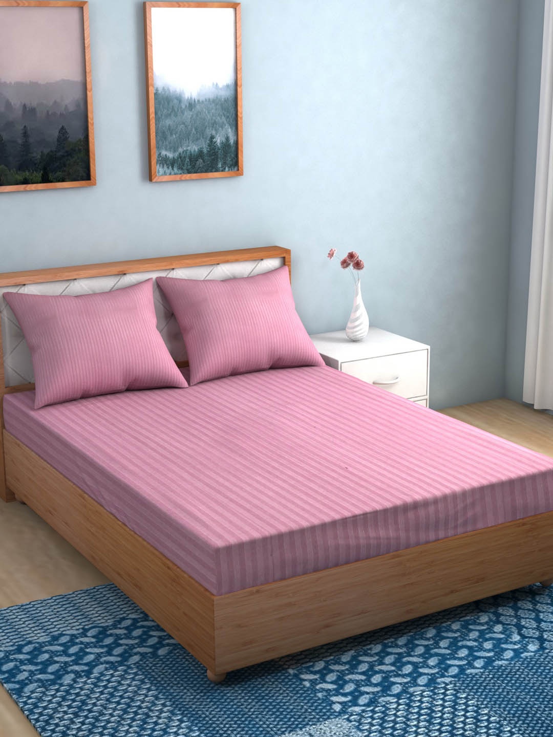 

TAG 7 Pink Striped 210 TC Cotton King Bedsheet with 2 Pillow Covers