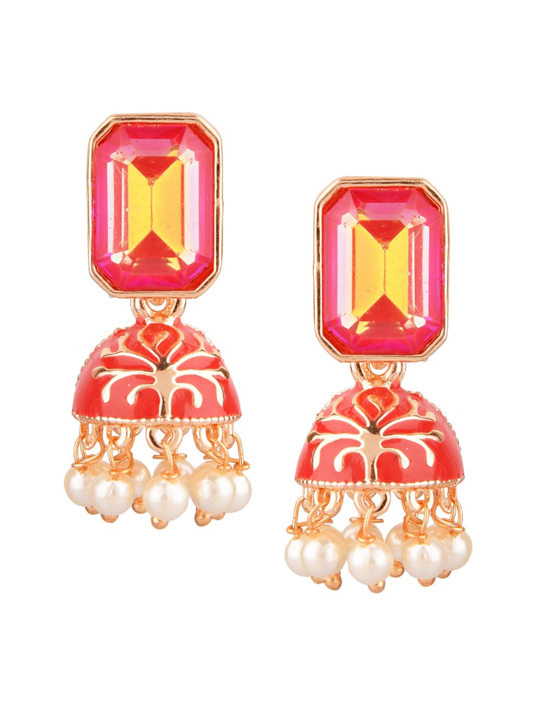 

FEMMIBELLA Pink & Gold-Toned Geometric Jhumkas Earrings
