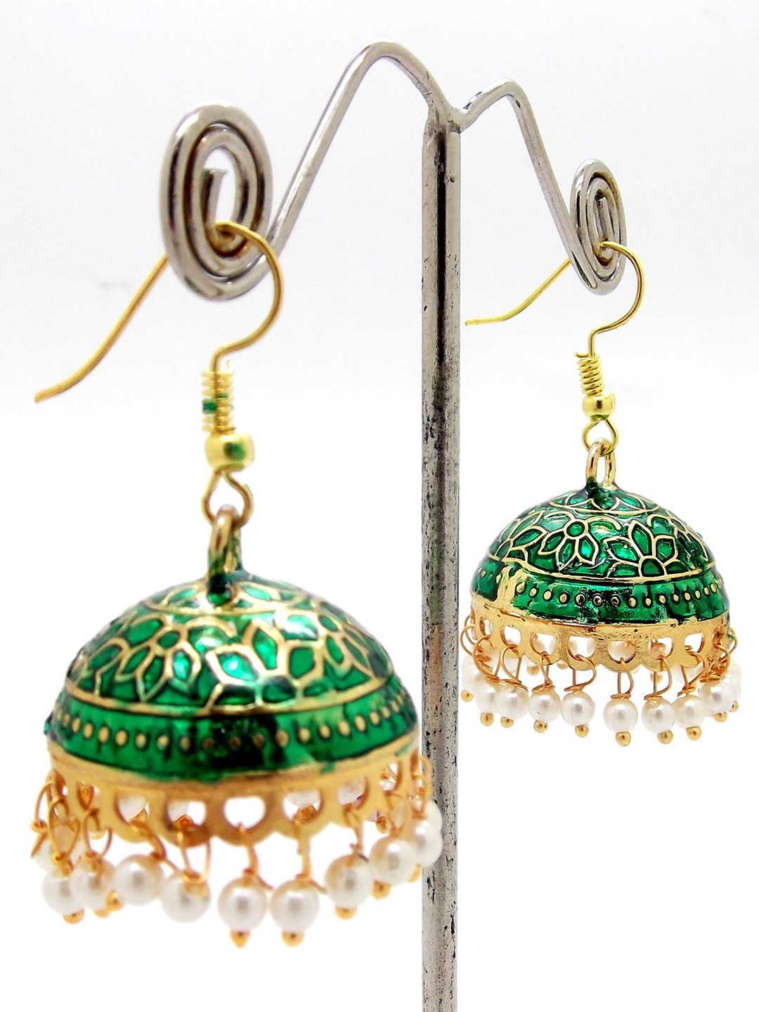 

FEMMIBELLA Green & Gold-Toned Geometric Pearl Jhumkas Earrings