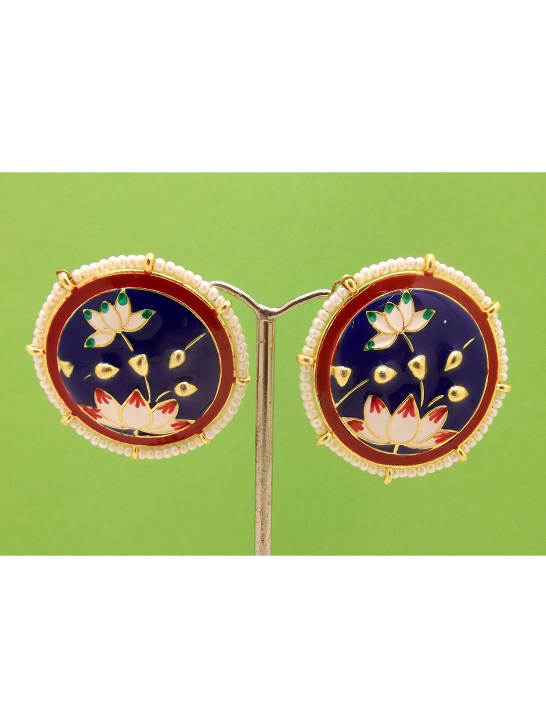 

FEMMIBELLA Blue Gold Plated Meenakari Lotus Round Stud Earring