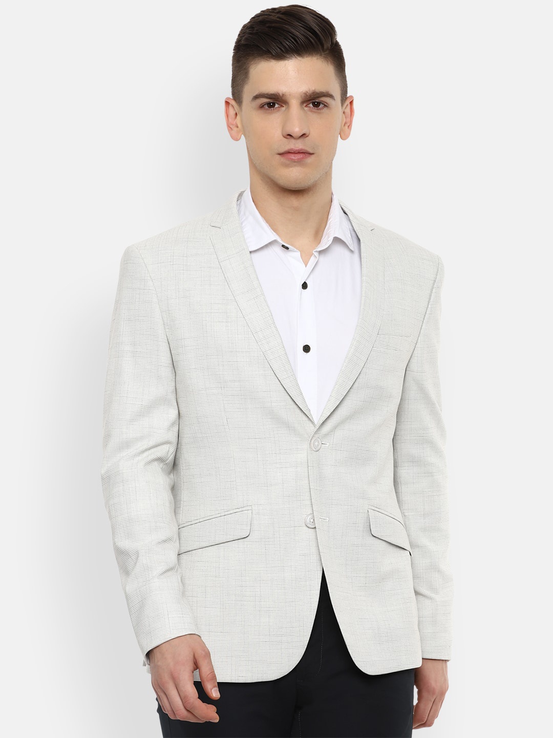 

V Dot Men Grey Self-Design Single-Breasted Slim-Fit Formal Blazer