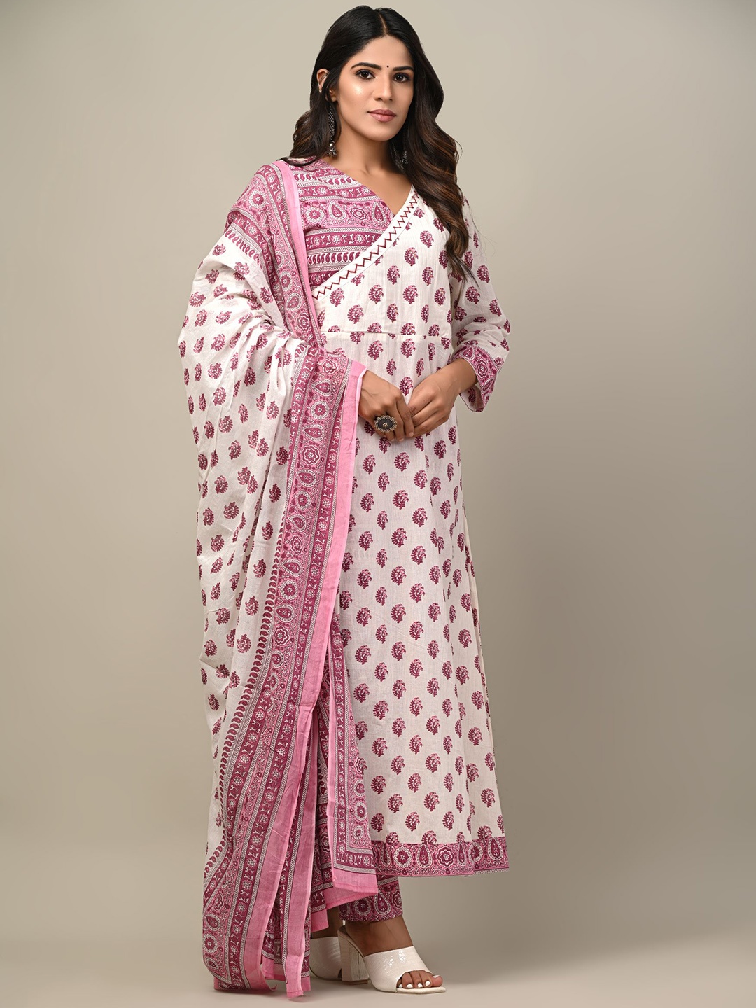 

DHRTI Women Purple Printed Pure Cotton Kurta with Churidar & With Dupatta