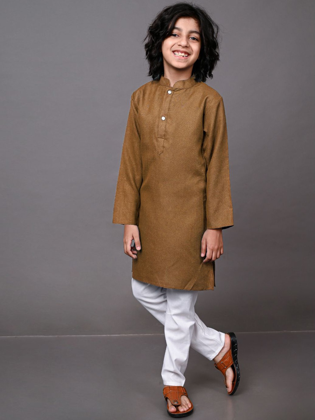 

VESHAM Boys Khaki Embroidered Pleated Kurti with Trousers