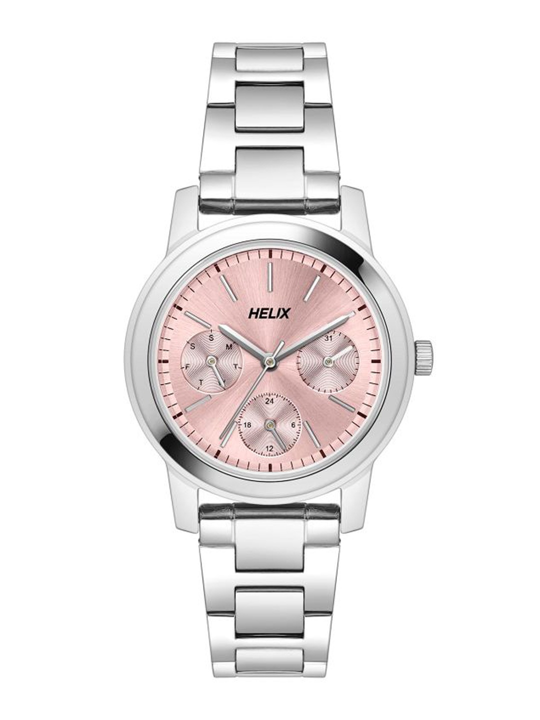 

Helix Women Pink Brass Dial & Silver Toned Stainless Steel Bracelet Style Straps Analogue Watch