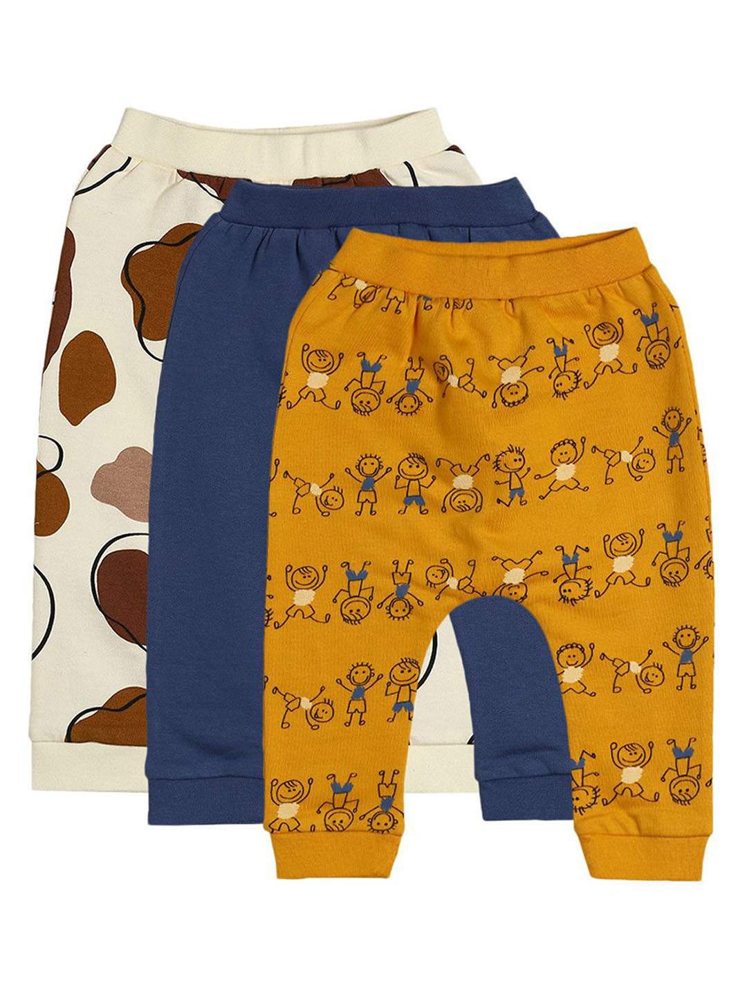 

MINI KLUB Infant Boys Pack of 3 Yellow & Blue Graphic Printed Pure Cotton Joggers, Beige