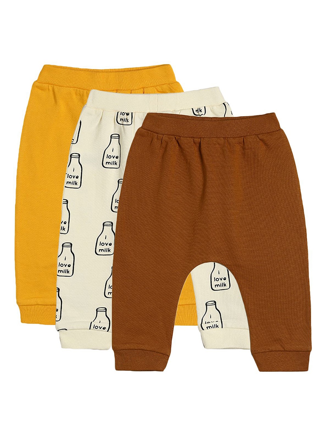 

MINI KLUB Infant Boys Pack of 3 Yellow & Brown Graphic Printed Pure Cotton joggers
