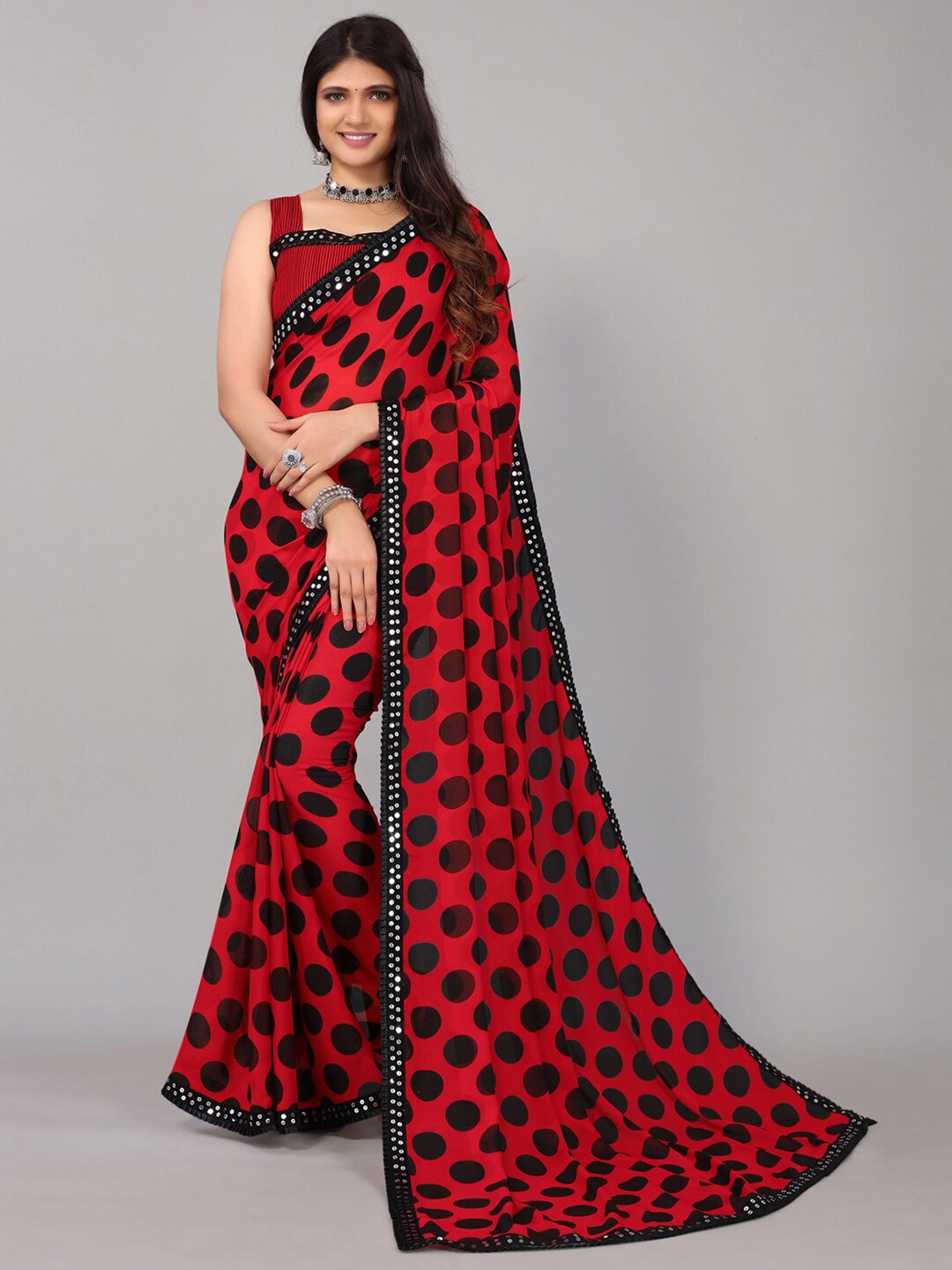 

Mitera Red & Black Mirror Work Saree