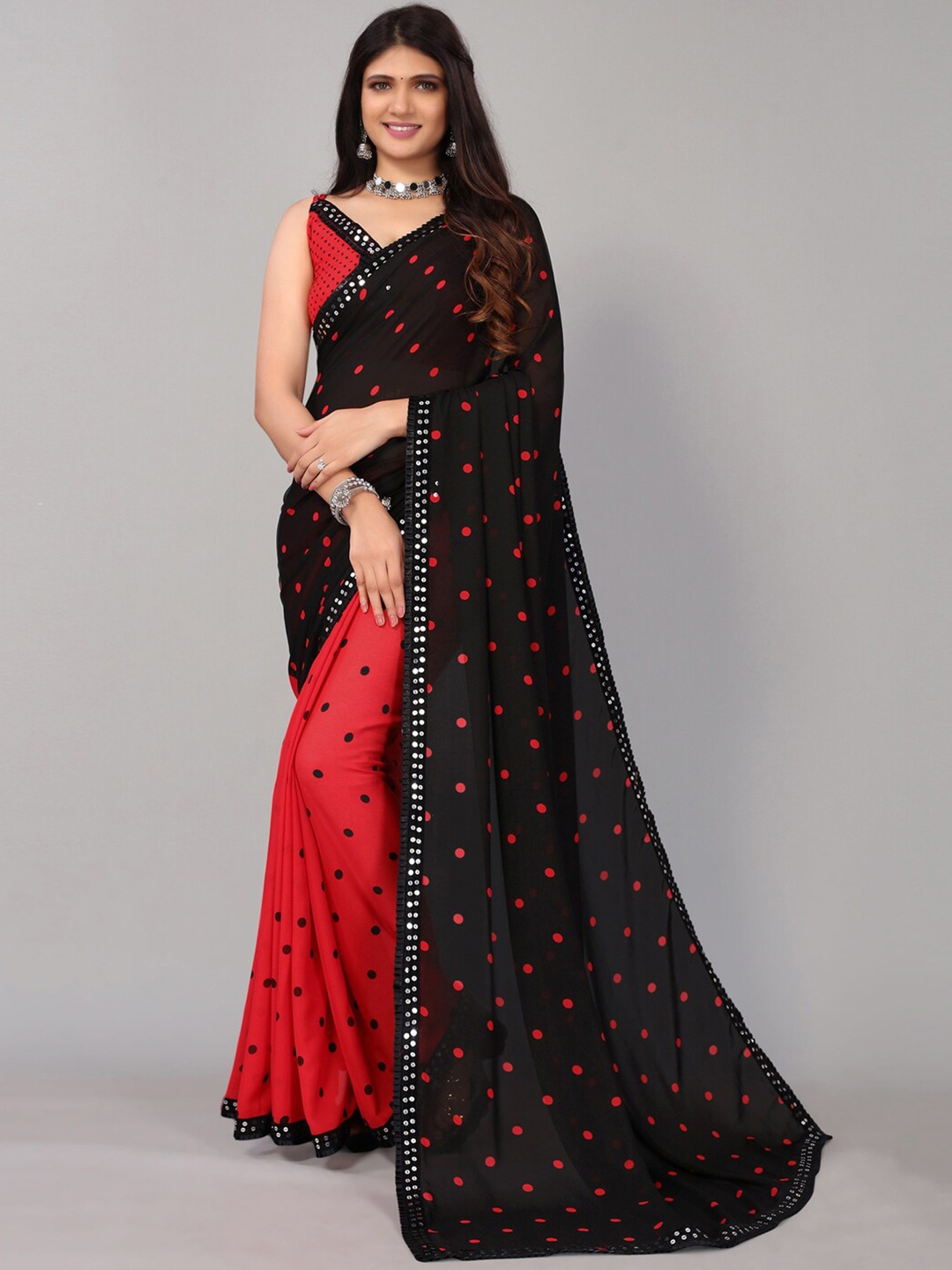 

Mitera Red & Black Sequinned Polka Dots Printed Saree