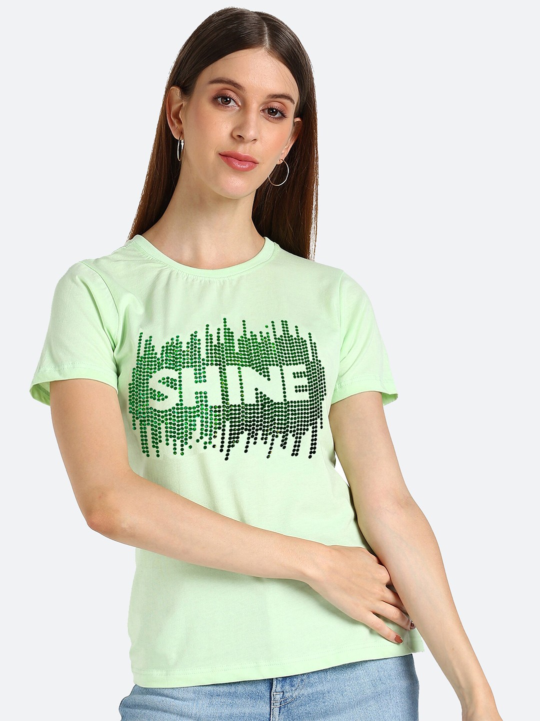 

shashvi Women Sea Green Embellished Typography Printed T-shirt